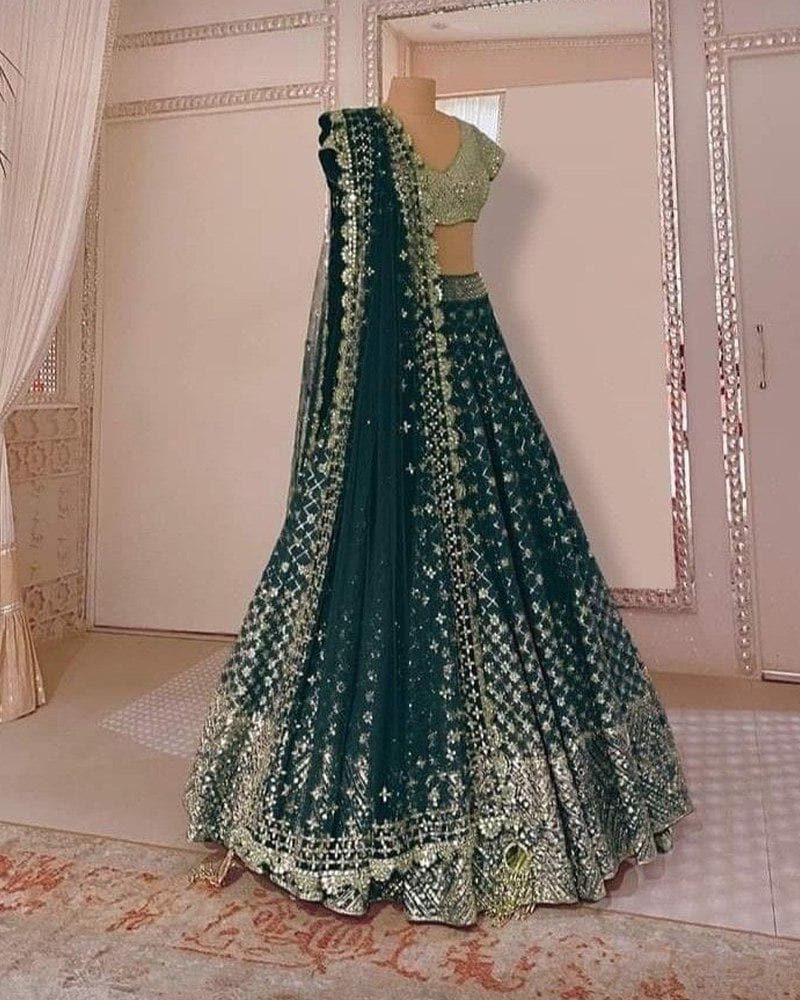 Ciemnozielony zestaw Lehenga Choli w butelkowej zieleni | Lustro papierowe i haft cekinowy | Sztuczna Georgette Indian Outfit | Półszyte ubranie imprezowe dla kobiet