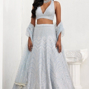 Metallic Pink Lehenga Choli Set for Women | Faux Georgette | 9MM Sequins & Thread Embroidery | Semi-Stitched Designer Indian Outfit