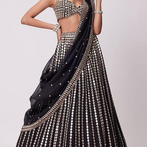 Black Organza Silk Lehenga Choli Set | Paper Mirror Zari Embroidery | Semi-Stitched Indian Wedding Outfit for Women | Designer Party Wear