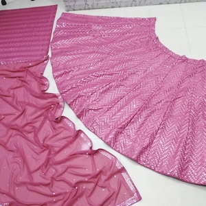Metallic Pink Lehenga Choli Set for Women | Faux Georgette | 9MM Sequins & Thread Embroidery | Semi-Stitched Indian Outfit