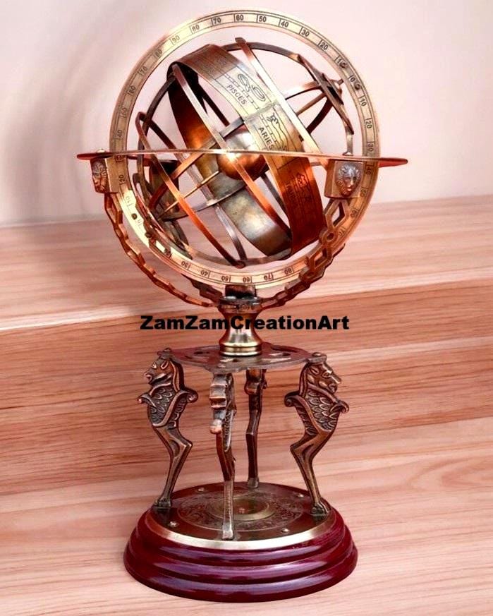 木製台座のアンティーク真鍮製天球儀：航海風ホームデコレーション