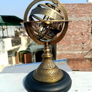 Brass Armillary Globe – Engraved Astrolabe Sphere on Wooden Base, Zodiac Nautical Decor, Brass Armillary Globe for office desk