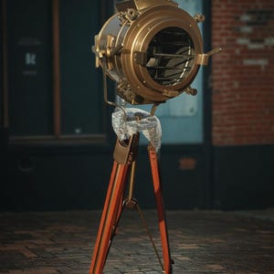 Brass Nautical Spotlight Tripod Lamp – Maritime Industrial Floor Light for Home & Office Decor