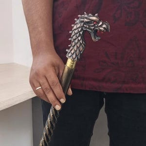 Dragon Head Walking Cane: Medieval Style Brass Handle, Gothic Cosplay Prop