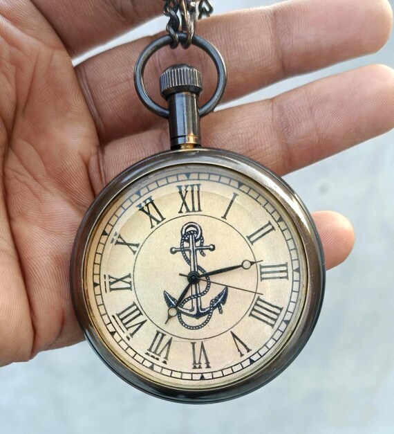 Nautical Anchor Brass Pocket Watch With Chain – Roman Numerals