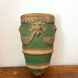 Antique McCoy Green Brush Pottery No. 455 Roman Porch Vase Lion Wall Pocket