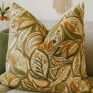 Olive Green Floral Pillow Cover & Mustard Paisley Cushion,24x24 Throw Pillow