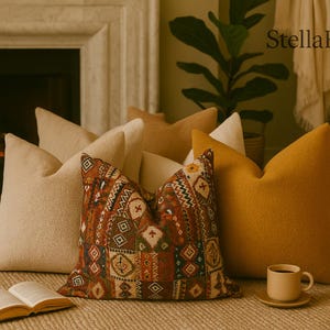 Boho Pillow Cover•Brick Color Kilim Cushion•Southwestern & Farmhouse Style Throw Pillow • Turkish Rug Design •Ethnic Accent Pillow,All Sizes