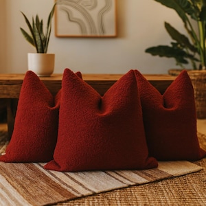 Burgundy Bouclé Throw Pillow Cover – Boho Modern Cushion Case,Soft Textured Euro Sham, Home Decor Accent, Burgundy Textured Sofa Pillow,