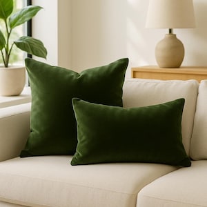 May include: Two dark green velvet cushions, one square and one rectangular, sit on a beige sofa. The cushions have a soft, plush appearance and add a touch of colour to the neutral-toned living room. The cushions are a rich, deep green.