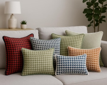 Modern Linen Throw Pillow with Piping – Decorative Houndstooth & Crow’s Foot Cushion Cover