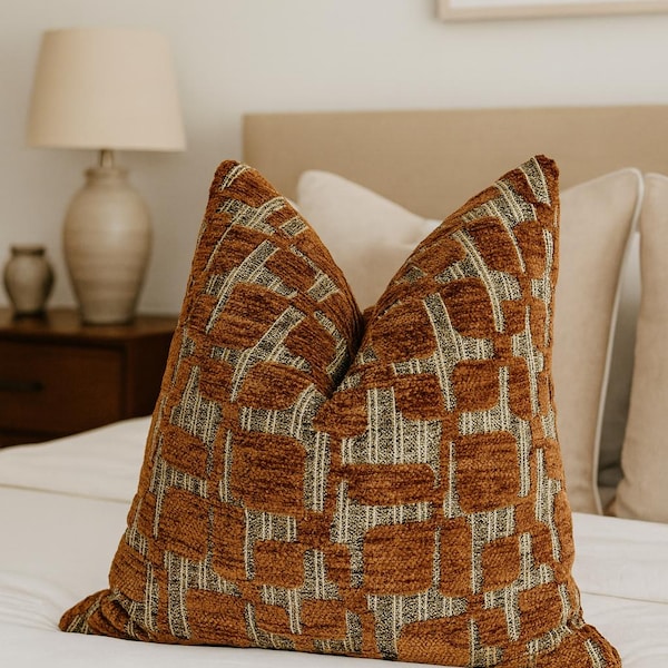 Housse de coussin en velours à coupe géométrique rouille - taie d'oreiller multicolore marron, coussin chic bohème