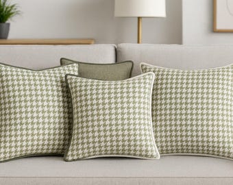 Linen Throw Pillow Cover with Piping, Houndstooth Cushion