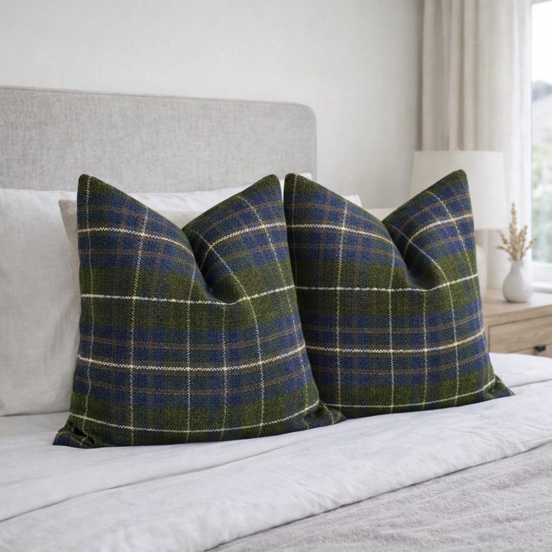 Green Plaid Pillow Cover 22x22 Cozy Tartan Euro Sham Woodland Decor - 22x22 Inc → 55x55 cm
