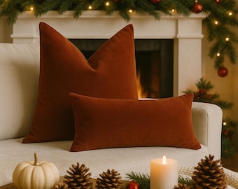 Housse de coussin en velours rouille : coussin bohème, terre cuite et orange brûlé