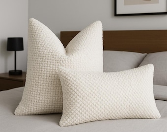 Ivory Color Textured Throw Pillow Cover, Soft Any Size Lumbar Boucle Pillow Case