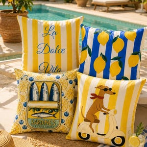 Könnte beinhalten: Eine Sammlung dekorativer Kissen mit Sommerthema. Kissen mit Designs wie gelben Streifen, Zitronen, Sardinen und einem Hund auf einem Roller. Die Kissen sind in der Nähe eines Pools angeordnet, mit einem Strohhut und Zitronen in der Nähe.
