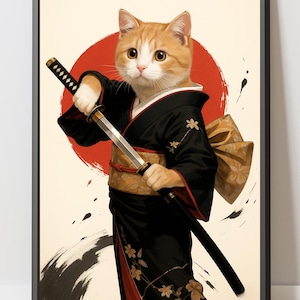 Feline Samurai Matte Poster, Cat Art Print, Japanese Decor, Unique Wall Art, Gift for Cat Lovers, Samurai Cat Art