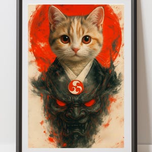 Cat Samurai Art Print, Whimsical Home Decor, Wall Art, Gift for Cat Lovers, Unique Animal Illustration, Japanese Inspired Poster