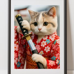 Whimsical Cat Samurai Poster, Cute Wall Art, Home Decor, Gift for Pet Lovers, Japanese Aesthetic Prints, Fun Cat Decor