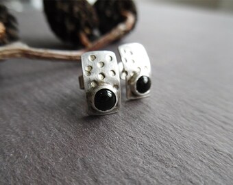 May include: A pair of silver stud earrings. Each earring has a rectangular shape with a hammered texture and several small, evenly spaced holes. A small, round, black stone is set in the lower portion of each earring.