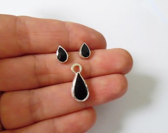Conjunto de pendientes y colgante en forma de lágrima de plata de ley, conjunto de pendientes y colgante de ónix negro, joyas a juego, hechas a mano