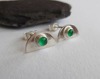 Silver Stud Earrings | Half-moon Stud Earrings | Geometric Stud Earrings | Small Post Earrings | Green Onyx Stud Earrings | Handmade