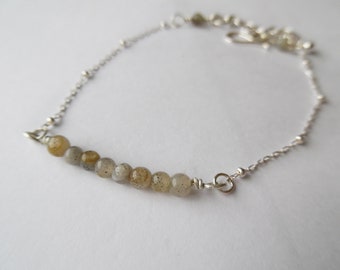 Sterling Silver Birthstone Bracelet, Silver Labradorite Bar Bracelet, Dainty Beaded Bracelet, Gemstone StackingBracelet,