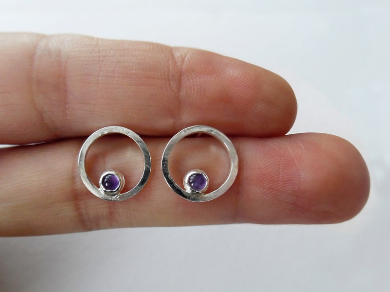 Small Silver Earrings Sterling silver Circle Stud Earrings Open Circle Studs Amethyst Stud Earrings Handmade