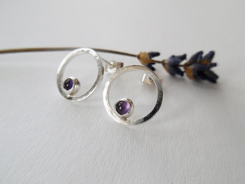 Small Silver Earrings Sterling silver Circle Stud Earrings Open Circle Studs Amethyst Stud Earrings Handmade