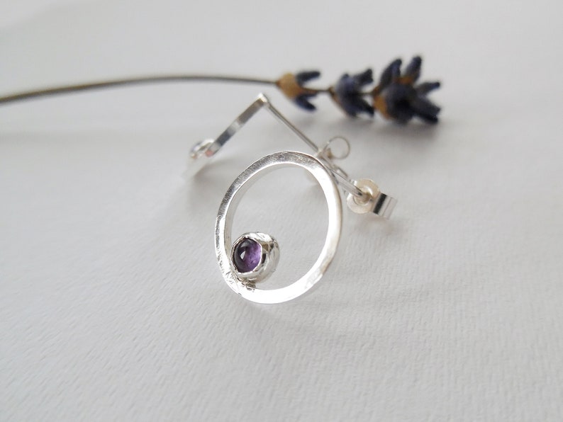 Small Silver Earrings Sterling silver Circle Stud Earrings Open Circle Studs Amethyst Stud Earrings Handmade