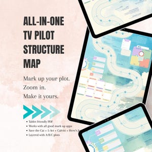 May include: An all-in-one TV pilot structure map displayed on three tablets. The digital document features a winding path, colorful text boxes, and plot diagrams. Text on the left reads: ALL-IN-ONE TV PILOT STRUCTURE MAP, Mark up your plot. Zoom in. Make it yours.
