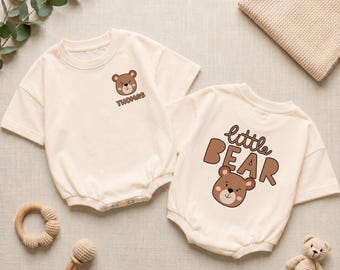 Personalized Little Bear Baby Romper, Custom Teddy Bodysuit, Front Back Print Bubble Romper, Neutral Baby Shower Gift