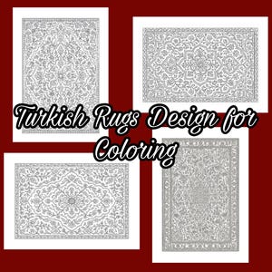 Può includere: Quattro immagini incorniciate di disegni di tappeti turchi da colorare. Ogni disegno è un motivo simmetrico dettagliato in bianco e nero. Il testo "Turkish Rugs Design for Coloring" è in un carattere decorativo nella parte superiore delle immagini.