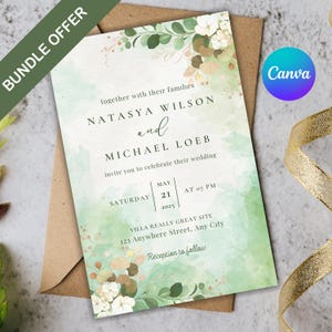 Edytowalny szablon zaproszenia ślubnego Minimalistyczny elegancki projekt kwiatowy, drukowany szablon karty boho floral, pakiet kart menu RSVP