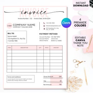 Plantilla de factura rosa editable en Canva / 4 opciones de color + Tarjeta de agradecimiento adicional / Factura comercial con descarga instantánea. Formulario de pedido para pequeñas empresas.