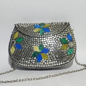Handmade Mosaic Metal Sling Bag – Geometric Floral Crossbody Clutch – Ethnic Evening Purse for Women
