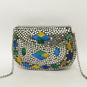 Handmade Mosaic Metal Purse with Chain | Colorful Boho Clutch Bag | Stone Inlay Evening Bag | Unique Gift for Her | Festival Crossbody
