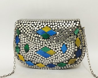 Handmade Mosaic Metal Purse with Chain | Colorful Boho Clutch Bag | Stone Inlay Evening Bag | Unique Gift for Her | Festival Crossbody