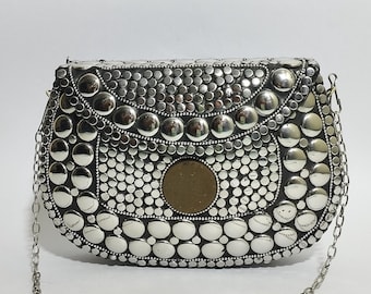 Handmade Silver Mosaic Metal Clutch – Boho Party Purse with Chain – Ethnic Evening Bag with Gold Accent – Tribal Gift for Her
