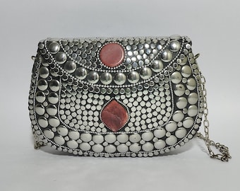 Handmade Mosaic Metal Clutch – Vintage Boho Purse with Red Stone – Tribal Evening Bag – Chain Sling – Gift for Her