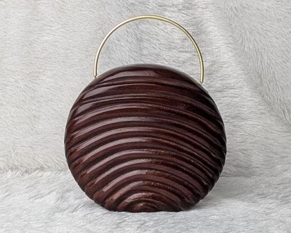 Round Wooden Clutch | Unique Carved Wave Design Wood Purse with Brass Handle 7x7x1.75 Inches