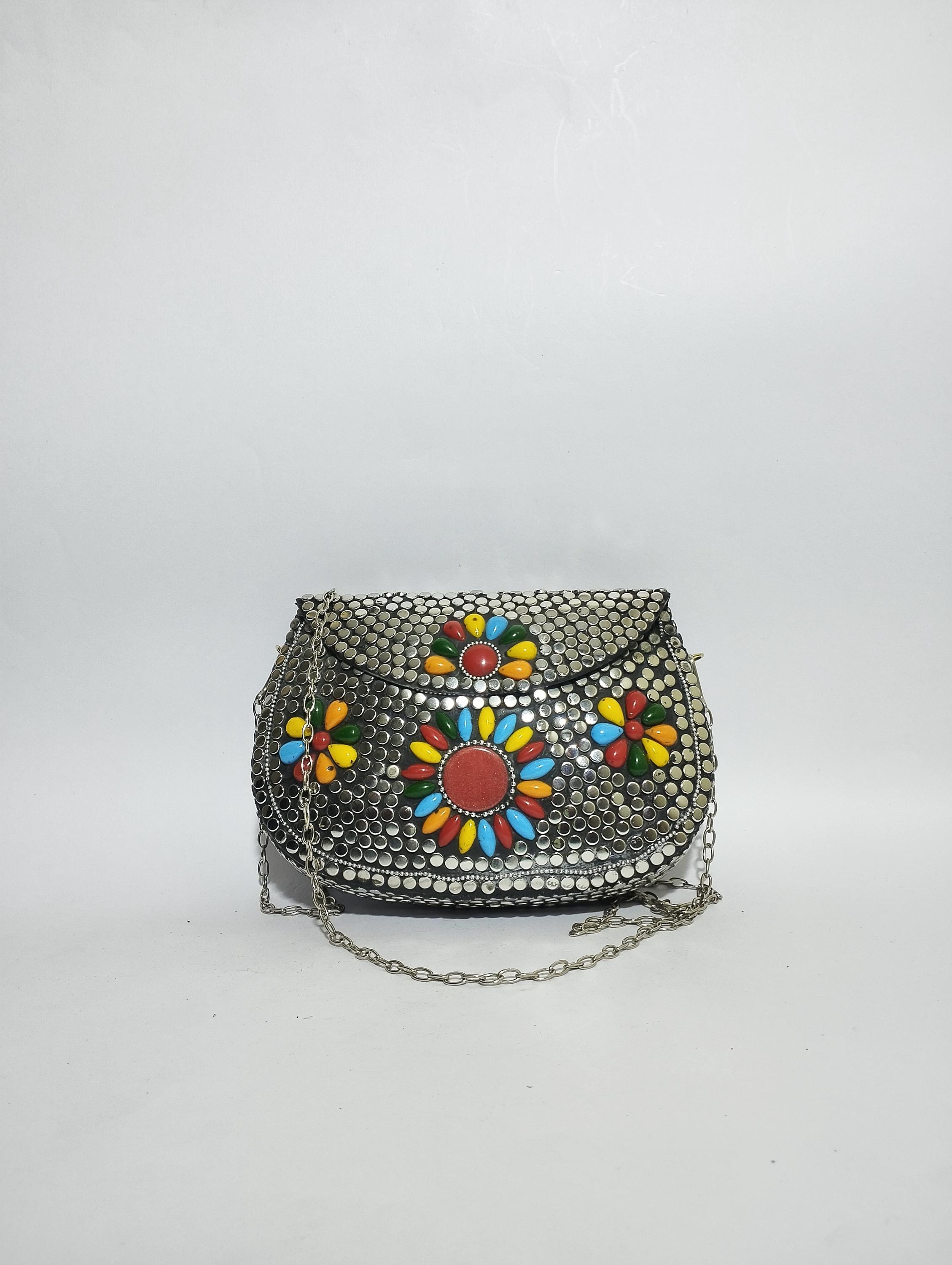 Boho Floral Mosaic Metal Clutch – Handmade Colorful Stone Sling Bag – Tribal Crossbody Purse for Women