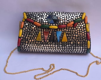 Boho Metal Mosaic Clutch with Colorful Stone | Handmade Tribal Pattern Purse with Golden Chain | Indian Ethnic Bag for Wedding & Gifting