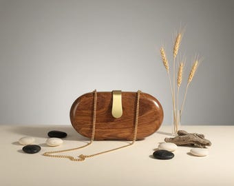 Handcrafted Wooden Clutch Bag | Elegant Oval Wood Purse with Golden Chain | 7x5x1.75 Inches