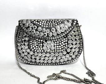 Silver Mosaic Metal Clutch – Handmade Tribal Evening Bag – Boho Sling Purse with Chain – Festival or Party Accessory