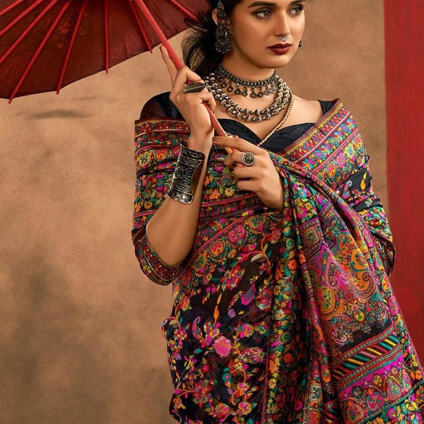 Black Kashmiri Pashmina Silk Saree: Multicolor Weaving Partywear Sari