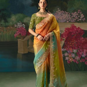 Multi color Fancy Saree with Handwork: Indian Wedding Saree, Reception Sangeet Party wear Sari