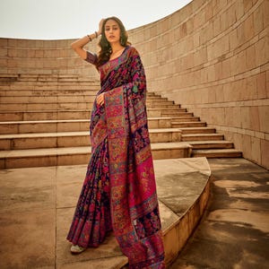 Multicolor Cotton Saree with Flower Design, Blue color Blouse | Wedding Sari USA, Australia, UK | Indian Wedding Saree, Cotton Saree