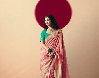 Handmade Indian Wedding Silk Saree: Baby Pink Zari Bridal Sari